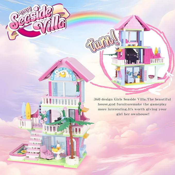 678PCS Pink Beach House Building Blocks Kit Compatible with Lego Particle SizesFriends Interactive Architecture Holiday Dream VillaUnique Birthday Gift Toy for Girls or Boys Age 6 7 8 9 10 11 12+
