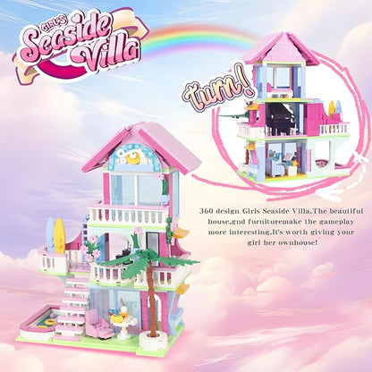 678PCS Pink Beach House Building Blocks Kit Compatible with Lego Particle SizesFriends Interactive Architecture Holiday Dream VillaUnique Birthday Gift Toy for Girls or Boys Age 6 7 8 9 10 11 12+