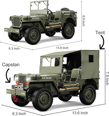 RC Jeep 1/10 Scale Willys Hobby RC Car Off-Road Military Crawler 2.4Ghz Military Truck 4WD RC Crawler with Light Tarpaulin Metal Shaft 4x4 Off Road Vehicle RTR Jeep Car 2 Batteries