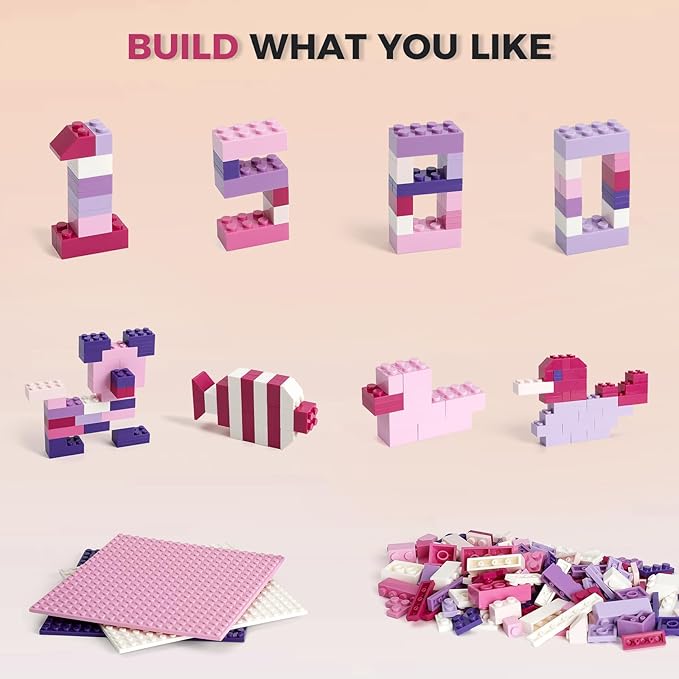 1000 Pieces Classic Building Bricks Classic Stackable Base Plates 3 6.3 x 6.3 White Pink and Purple Base Plates Compatible with All Major Brands Toys for Ages 6-7-8-13 Girls