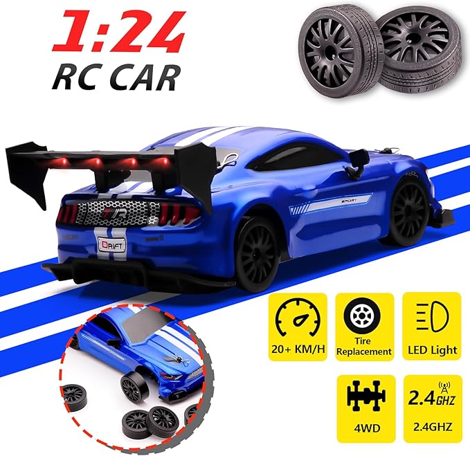 1:24 Scale RC Drift Car4WD 2.4GHz High Speed Racing Hobby Sport Toy Car Vehicle with LED LightsRacing and Drift Wheels for Adult Boys Girls Kids Gift (8602-Blue)