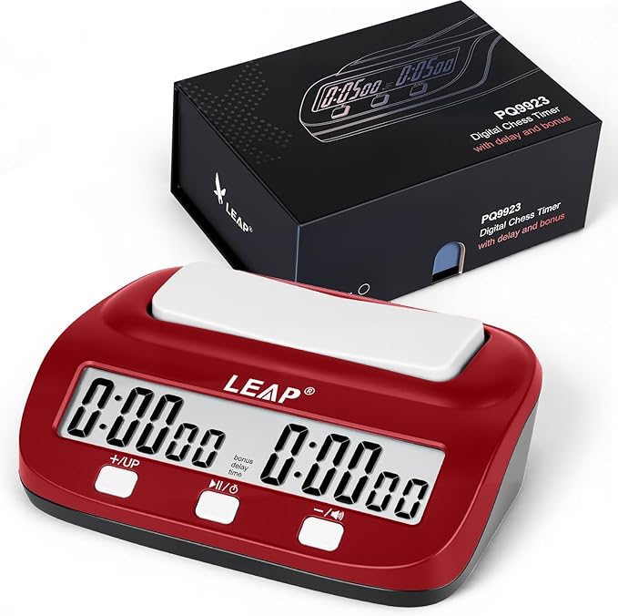 LEAP Chess Clock Digital Chess Timer Professional for Board Games Count Up/Down Timer with AlarmBonus and Delay Features Easy to Setup (Red/Black)