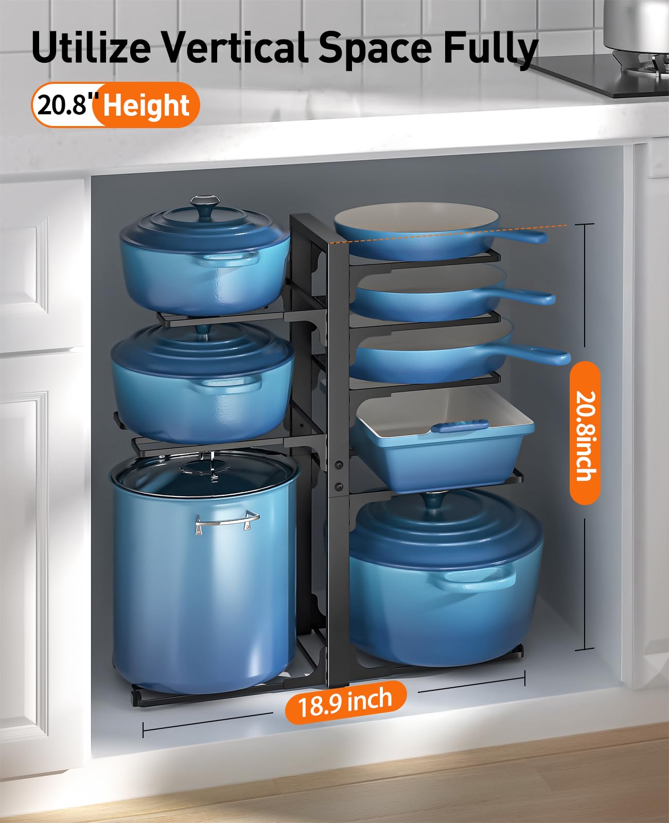 ORDORA Pots and Pans Organizer for Cabinet 16.61'' Height, 8 Tier Pot Organizers Rack with 3 DIY Methods, Adjustable Pan Organizer under Cabinet Kitchen Organization and Storage