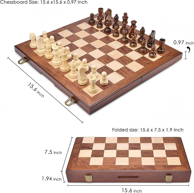 AMEROUS Wooden Chess &amp Checkers Set with Upgraded Weighted Chess Pieces 15 Inches (2 in 1) Chess Board Games for Kids Adults w/ 2 Extra Queens / 24 Cherkers Pieces/Gift Package