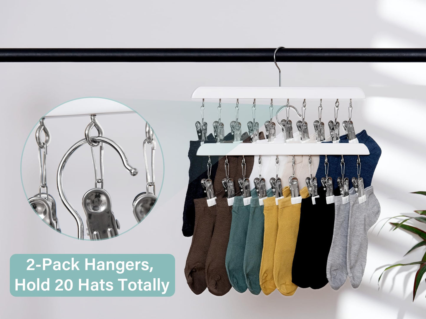 StorageWorks Hat Rack, Closet Organizer and Storage for Baseball Caps,Set of 2 with 10 Adjustable Stainless Steel Clips, Fits All Caps, White