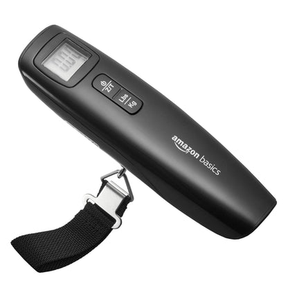 Amazon Basics Portable Digital Luggage Scale for Travel, Hanging Baggage Scale, Suitcase Weight Scale with Battery Included, Digital Display, Flexible and Sturdy Strap, 110 LBS Load, one Size, Black