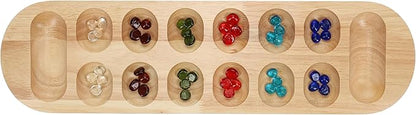 WE Games Classic Mancala Board Game 22 inch Large Natural Wood Board with Assorted Glass Mancala Stones African Stone Game Table Top Décor