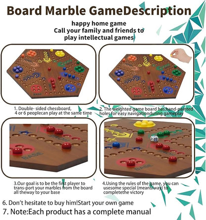 Wooden Board Games- -Marble Board Game -Surfacepainting-Double Sided Painted 15inch Fast Track for 6 and 4 Players with 6 Colors 30 Marbles 6 Dice for Kids Friends Family Game Party (Walnut)