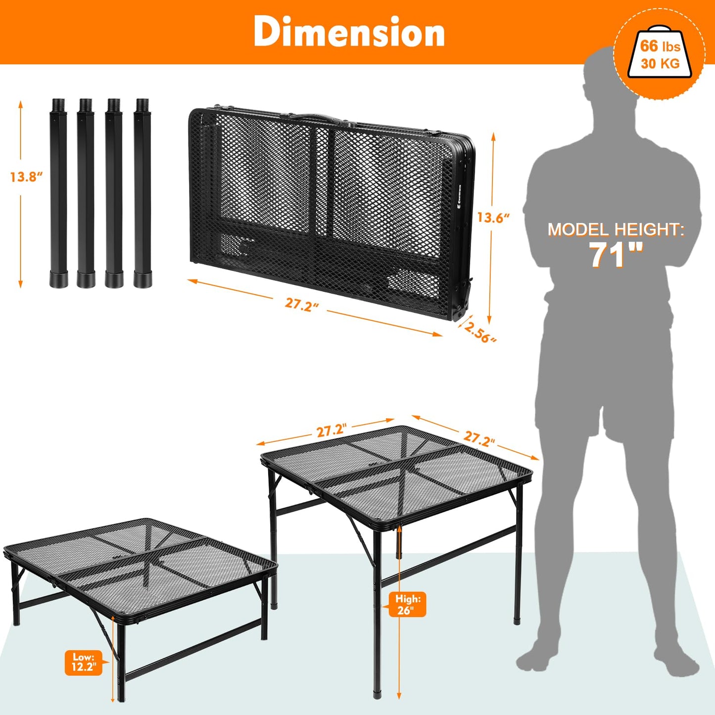 E EASTSTORM Square Folding Table, Easy for Storage, Compact and Portable Picnic Table for Grill, Outdoor Camping, Garden, Patio, Dining, BBQ, Party, Market and Card Table, 27.2 L×27.2W inches