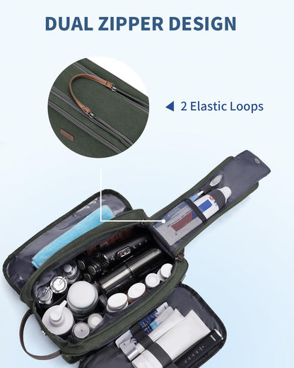 WANDF Toiletry Bag for Men Travel Toiletry Organizer Canvas and Leather Dopp Kit Water-Resistant Shaving Bag for Travel Accessories (Green, Patent Pending)