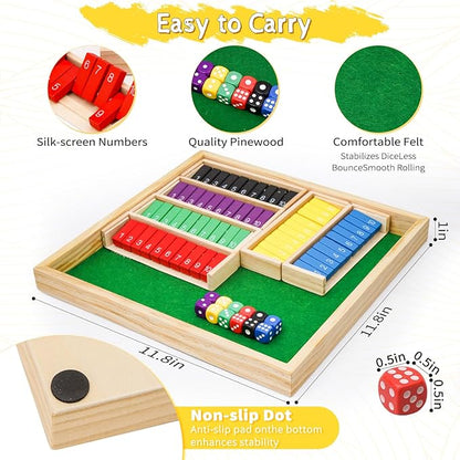 Upgraded 1-6 Players Shut The Box Dice Game with 12 Dice Wooden Classic Board Games Traditional Table Math Game Tabletop Math Dice Game for Pub Bar Home Classroom Party