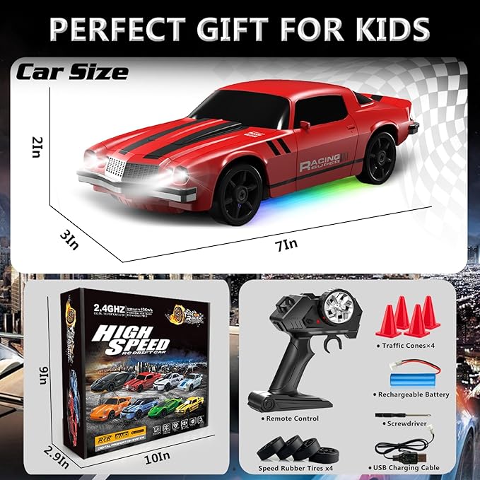 RC Drift Car 1:24 Remote Control Car 4WD 15KM/H High Speed Racing Sport Car with LED Lights RC Cars Toy for Kids Boys Girls Adults Gifts Birthday Christmas Rechargeable Batteries