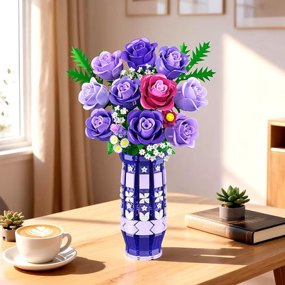 Purple Roses Flowers Building Set with Vase &amp LED Light 17 Mini Flowers Bouquet Building Blocks Toy for Adults Artificial Flowers for Home Office Decor &amp Display Gifts for Women &amp Men