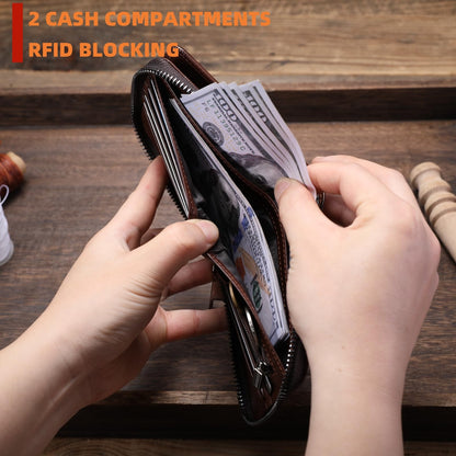 BULLCAPTAIN Genuine Leather Men's Wallet with Zipper Vintage RFID Blocking Large Capacity Wallet for Men with 14 Credit Card Slots and 1 ID Window T23 (Coffee)