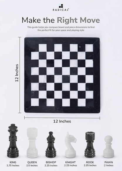 Radicaln Marble Chess Set 12 Inches Black and White Handmade Chess Game - 1 Chess Board &amp 32 Chess Pieces - Board Game for 2 Player Games - Adults Chess Sets