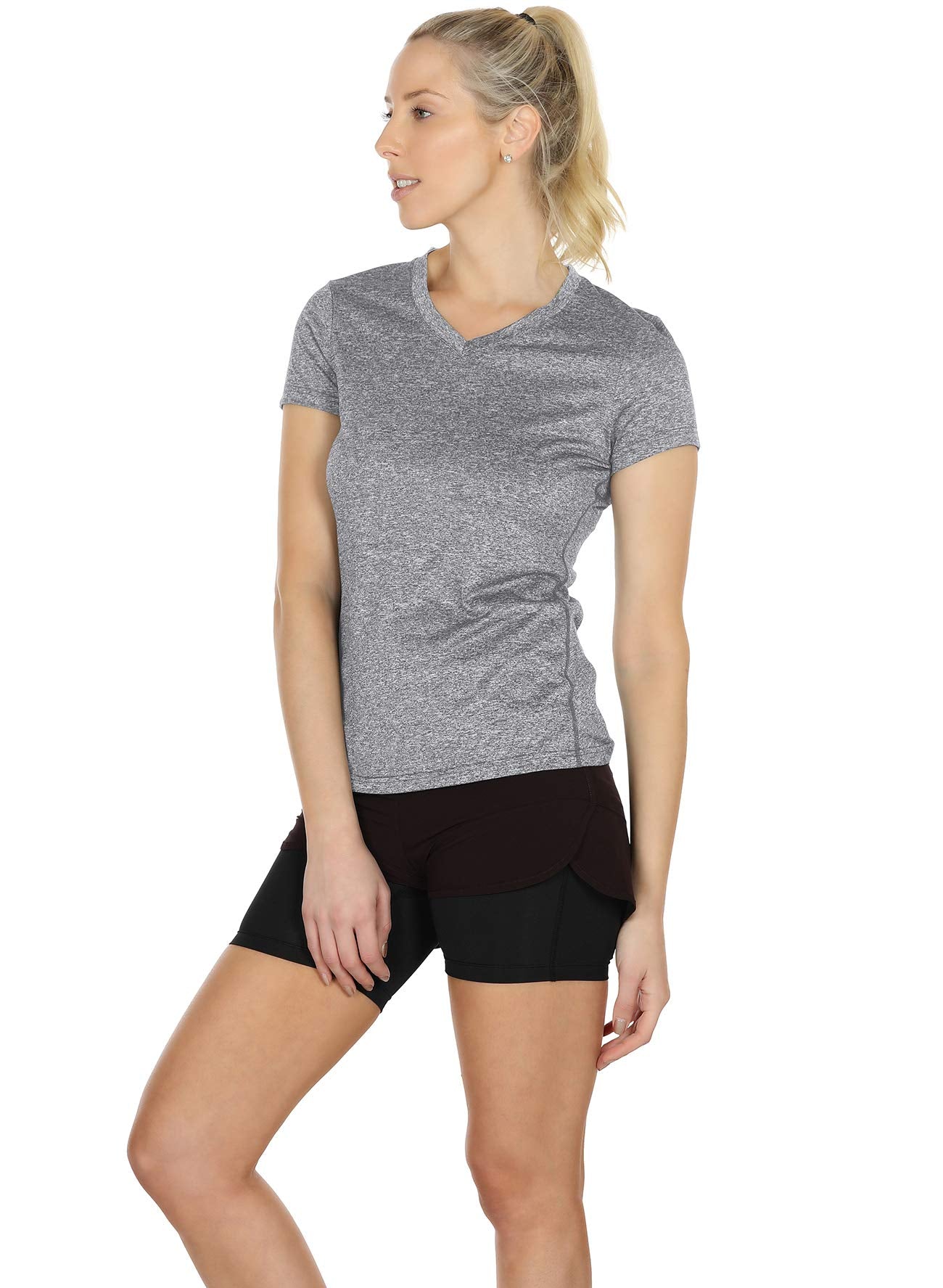 icyzone Workout Shirts Yoga Tops Activewear V-Neck T-Shirts for Women Running Fitness Sports Short Sleeve Tees (M, Black/Granite/Blue)