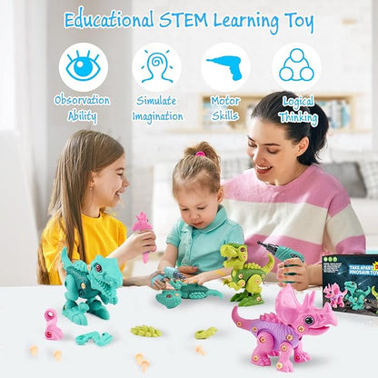 FREE TO FLY Dinosaur Toys for 3 4 5 6 Years Old Girls Take Apart Dinosaur Learning Toys for Kids 3-5 5-7 STEM Building Construction Set with Electric Drill Birthday Ideas