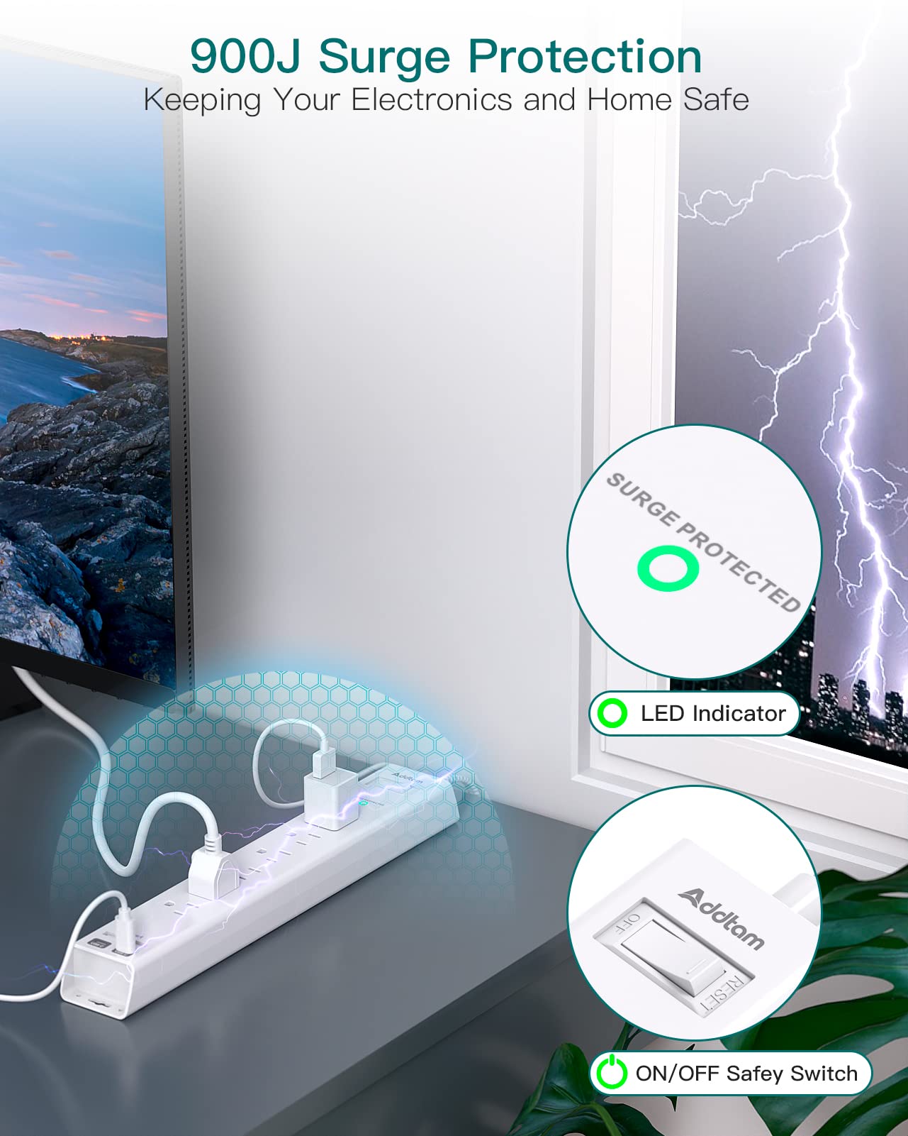 Extension Cord 10 ft - Long Power Strip Surge Protector, 6 AC Outlet 4 USB (2 USB C), Flat Plug, Wall Mount, Multi Plug Outlet Extender Desk Charging Station for Home Office Dorm Room Essentials