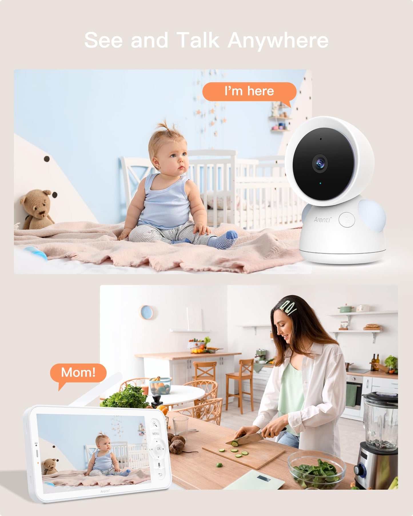 ARENTI 3MP Baby Monitor with 2 Cameras, 5-inch Split Screen Display, WiFi 6 Smartphone App, Night Vision, Cry Detection, Temp & Humidity Sensor, 2-Way Audio (D3 Set)
