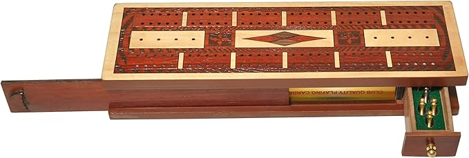 PALM ROYAL HANDICRAFTS - 2 Track Wooden Cribbage Board Set Inlaid in Blood Wood/Maple Wood Storage Available for Pegs and Cards