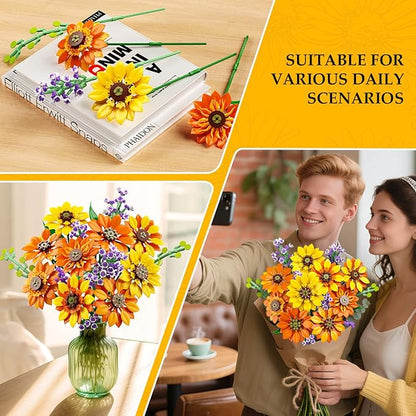 Flowers Sunflower Bouquet Building Set with Lights - 17 Flowers Botanical Collection Artificial Plant Sunflower Building Blocks Art Home Decor Easter Gifts for Adults Women Girl (1011PCS)