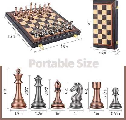 Ajedrez Luxury 15 Wooden Chess Set - Folding Board with Piano Finish | Weighted Metal Chess Pieces | Portable Travel Game for Adults &amp Kids | Premium Gift