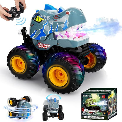 Remote Control Car for Boys 4-7 8-12 Dinosaur Monster Truck Toys with 50min+ Runtime Spray LED Light 360° Rotating &amp 90° Driving RC Stunt Car for Kids Birthday