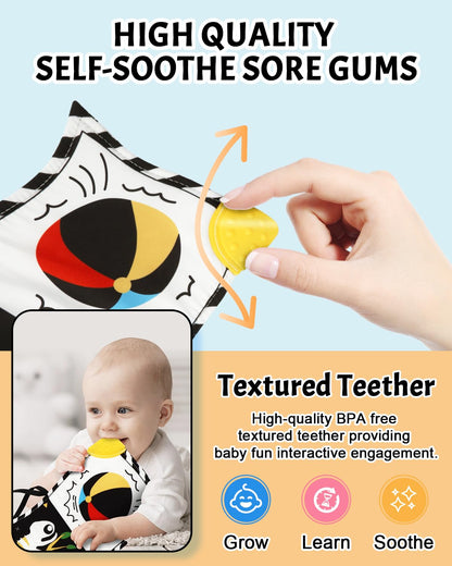 High Contrast Baby Book with Teether, Black and White Baby Book, 0-6-12 Months Soft Book for Newborn, Sensory Books, Montessori Learning Activities for Babies, Easter Basket Stuffer