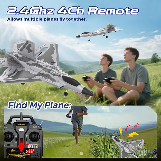 CKYSCHN F22 Remote Control Airplane - 4 Channel Fighter RC Plane for Beginners Adult with Lights 2.4GHz 6-axis Gyro Stabilizer RTF RC Aircraft with 2 Batteries