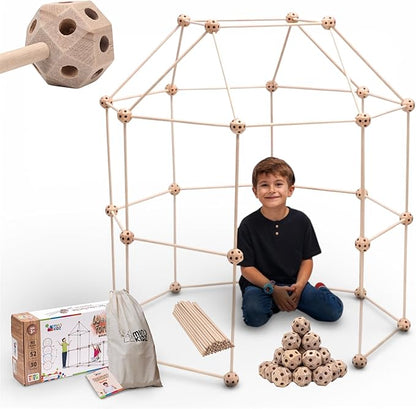 MIND KIDZ Wooden Fort Building Kit for Kids - STEM Montessori construction toy - 52 rods &amp 30 spheres Eco-friendly play set for boys &amp girls