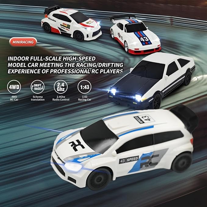 1/43 Mini RC Drift Car 2.4GHz AE86 RTR Full Proportional Remote Control Cars 4WD High Speed Racing Lights Kit and Racing Tires (4306)
