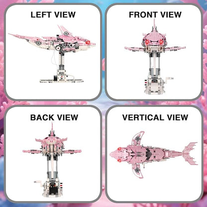 Mechanical Pink Dolphin Building Blocks Linkage Kit Sea Animal Model with Lighting Display Stand STEM Power Toy DIY Desktop Ornament for Kids &amp Adults Ages 12+ Birthday Gift Idea 888pcs
