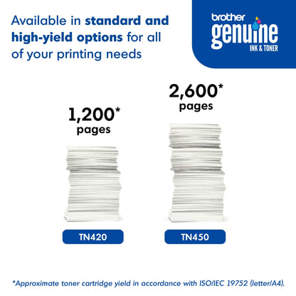 Brother Genuine High Yield Toner Cartridge, TN450, Replacement Black Toner, Page Yield Up To 2,600 Pages