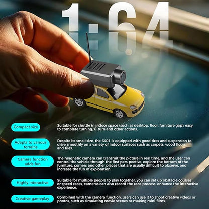 Mini RC Drift Car 1:64 Scale Mini RC Car with Camera and Radio Transmitter 2.4GHz Transmitter and APP Controlled Toy Vehicle with HD Magnetic Camera LED Lights Fun Toy for (Yellow)