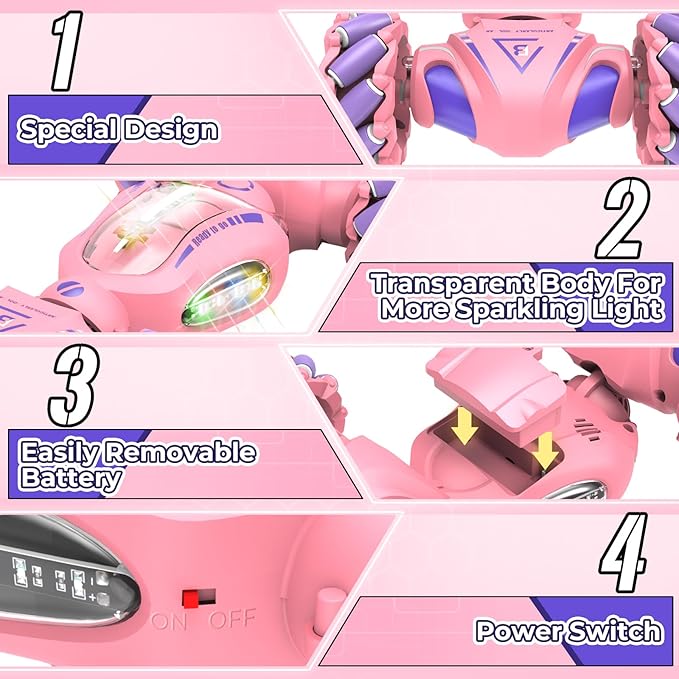 Pink Remote Control Car Toys Gifts for Girls 6-12 with Light &amp Music &amp Spray 2.4Ghz 4WD Double-Sided 360° Rotating Gesture Sensing RC Stunt Car Birthday for Girls Kids