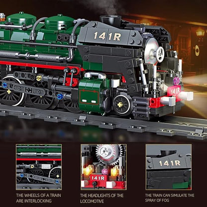 French 141R Steam Locomotive Building Bricks Set -Retro Steam Train Building Toy Sets Large Locomotives Display Toy with Train Tracks for Adults (1782 PCS)