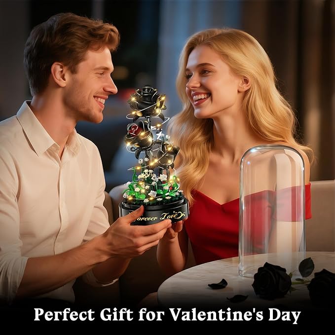 Flower Building Set with LED Light - 232 PCS Black Rose Building Blocks Kit with Dust Cover Easter Day Gift for Her Grilfriend Wife 3.6MM Flower Botanical Collection Block Toy Home Decor