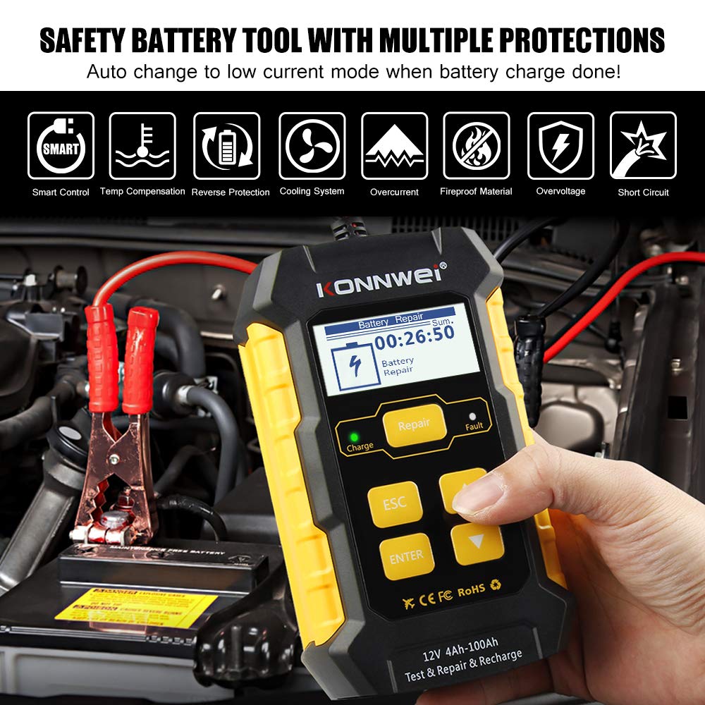 KONNWEI 3 in 1 Car Battery Charger, KW510 Battery Tester 12V 5-Amp Fully Automatic Smart Charger Automotive Pulse Repair Maintainer, Trickle Charger Battery Desulfator w/Temp Compensation