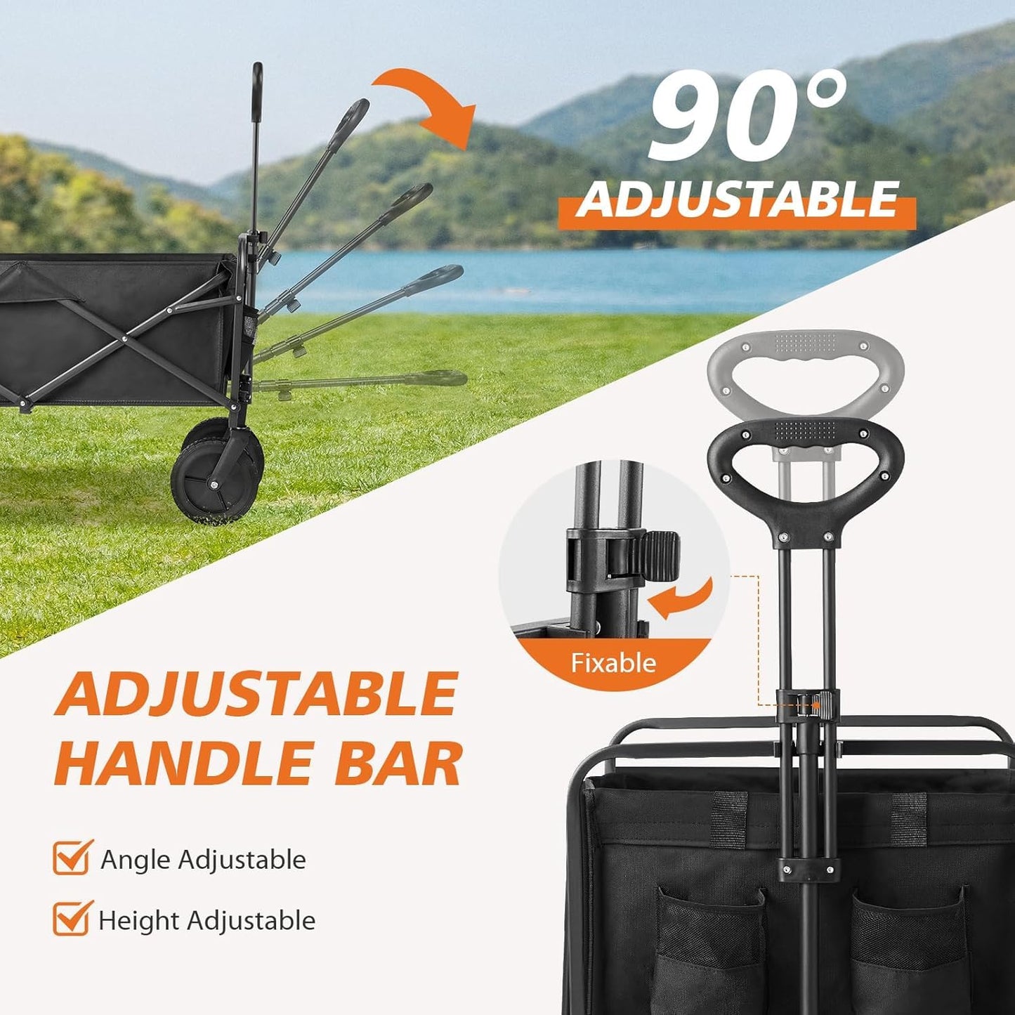 Sweetcrispy Collapsible Foldable Wagon Cart, Large Capacity Garden Beach Cart with All-Terrain Wheels, Heavy Duty Utility Grocery Wagon with Drink Holders for Shopping Sports Camping, Large Black
