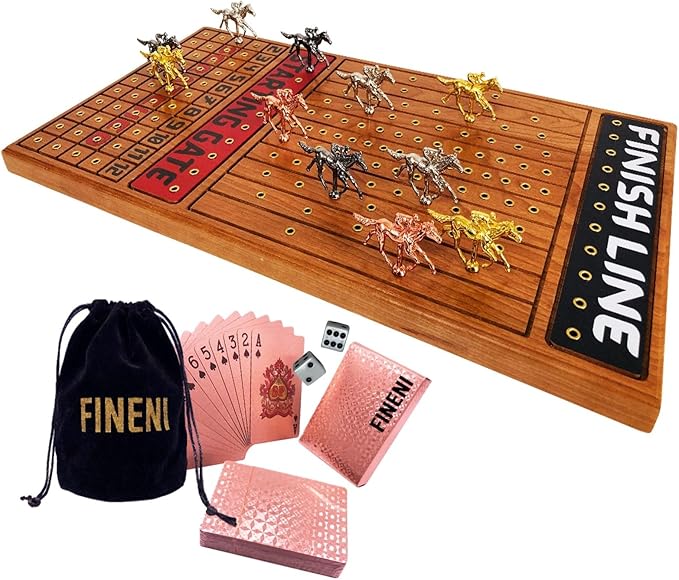 Horse Racing Game for Adults Horse Race Board Game with 11 Luxurious Metal Horses (Gold Silver Black Rose Gold) 22” Cherry Wood Horse Race Game Board Dice &amp RoseGoldCard Included (Cherry)