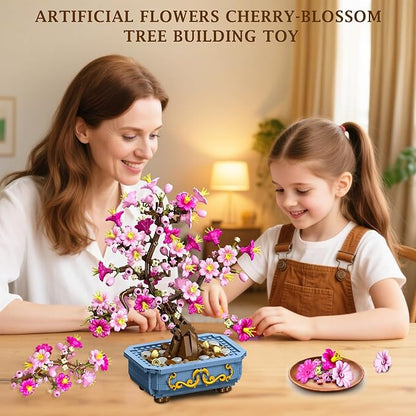 HOGOKIDS Flowers Cherry-Blossom Bonsai Building Set - 2 in 1 Artificial Bonsai Tree Plants for Home Decor &amp Display Cherry Botanical Building Blocks Birthday Easter Gift for Adults Teens (775PCS)