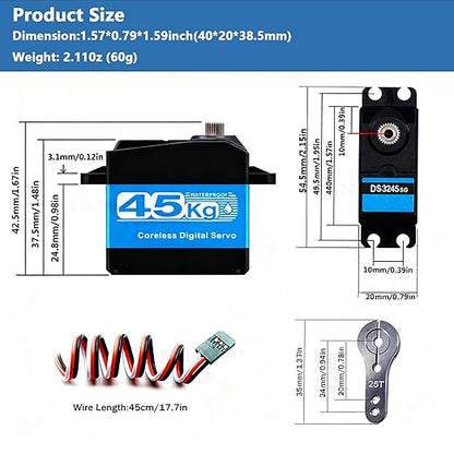 2 Packs 45KG High Torque Servo 8.4V Coreless RC Steering Servo Motors Stainless Steel Gear Low Profile Waterproof for 1/8 1/10 1/12 Scale Cars DIY Robotic-270 Degree