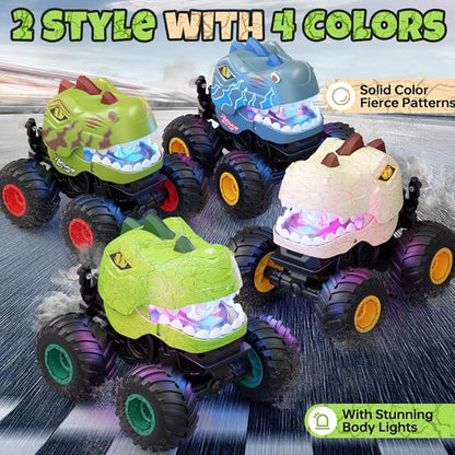 Remote Control Car for Boys 4-7 8-12 Dinosaur Monster Truck Toys with 50min+ Runtime Spray LED Light 360° Rotating &amp 90° Driving RC Stunt Car for Kids Birthday