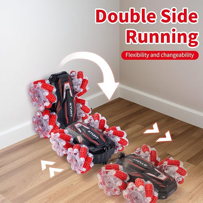 RC Stunt Car Double-Sided 360° Flips 4WD 2.4 GHz Gesture Sensing RC Cars with Cool Lights and Music for Boys Aged 6-12 Great Birthday Presents Toy Cars (Red)