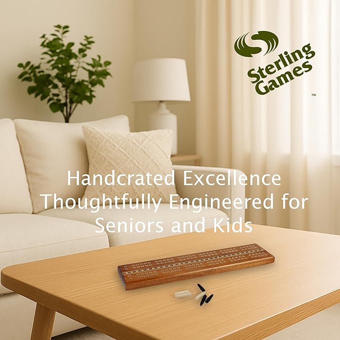 Sterling Games Extra Large Extra Long Cribbage 16 Wooden Game Board 2 Persons Double Track Board with 1/4 Holes and Italian Inlaid Large Wooden Pegs Great for Seniors and Children