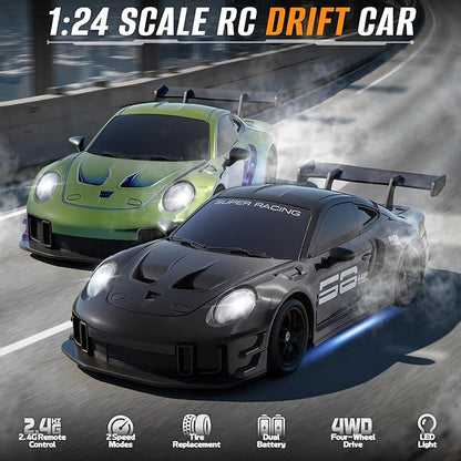 RC Drift Car 1:24 4WD Remote Control Cars Vehicle with LED Light2.4GHz 20KM/H High Speed RC Cars with Two Batteries &amp Drifting Tires Racing Sport Toy for Adults Boys Girls Kids Black
