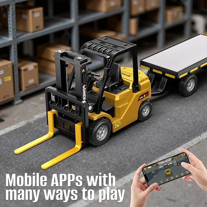 1/64 Full Proportional RC Forklift Toy10 Channel 2 Mode Mini Remote Control Forklift Truck with Flatbed Tow Truck 3 in 1 Transformable Lift Fork &amp Hook &amp Trailer with Lights &amp Sounds for