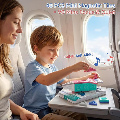 Magnetic Tiles Travel Set 40 PCS Morandi Building Block with Tin Box- 90Mins Quiet Play 45s Cleanup - Airplane Car Trip Activity Toy for Boys Age 3 4 5 6