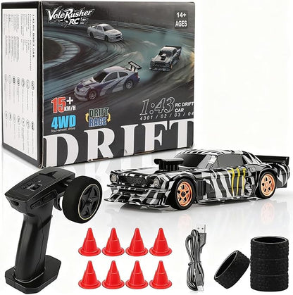 [4WD Edition 1/43 Scale Mini RC Drift Car Toys for Age 8-14 Old Birthday Gifts High Speed Racing Micro Small with Full Proportional RTR 2.4GHz Remote 2 Tire Sets 8 Cones - Camouflage