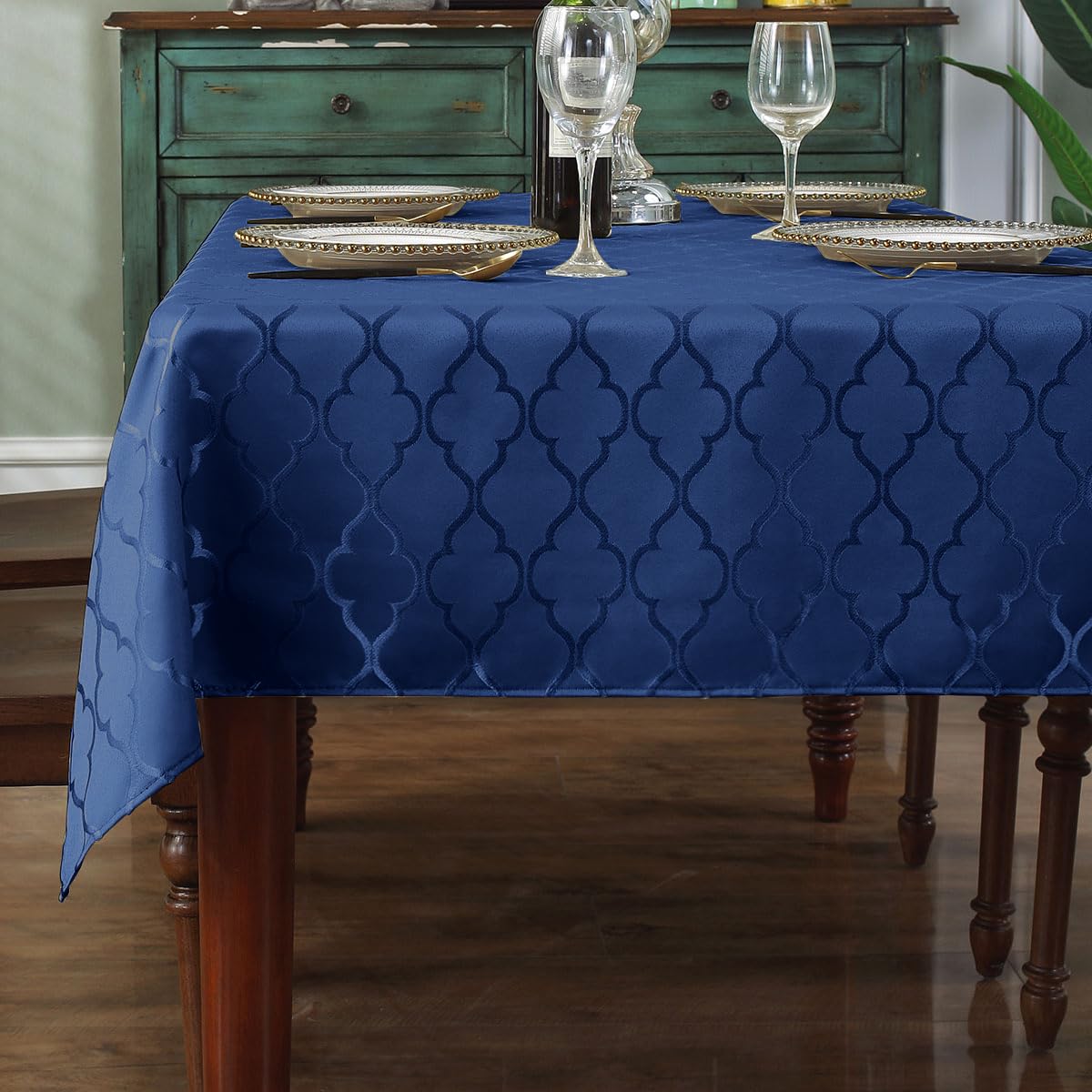 SASTYBALE Jacquard Tablecloth Flower Pattern Polyester Table Cloth Spill Proof Dust-Proof Wrinkle Resistant Table Cover for Kitchen Dining Tabletop Decor(Rectangle, 60" x 102" (8-10 Seats),Navy)